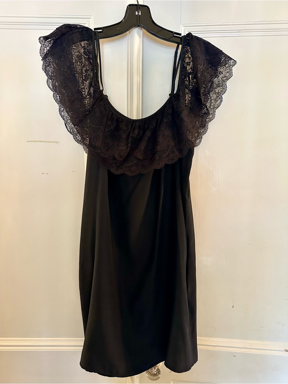 Black Lace-Trim Mini Dress with Ruffle Shoulders